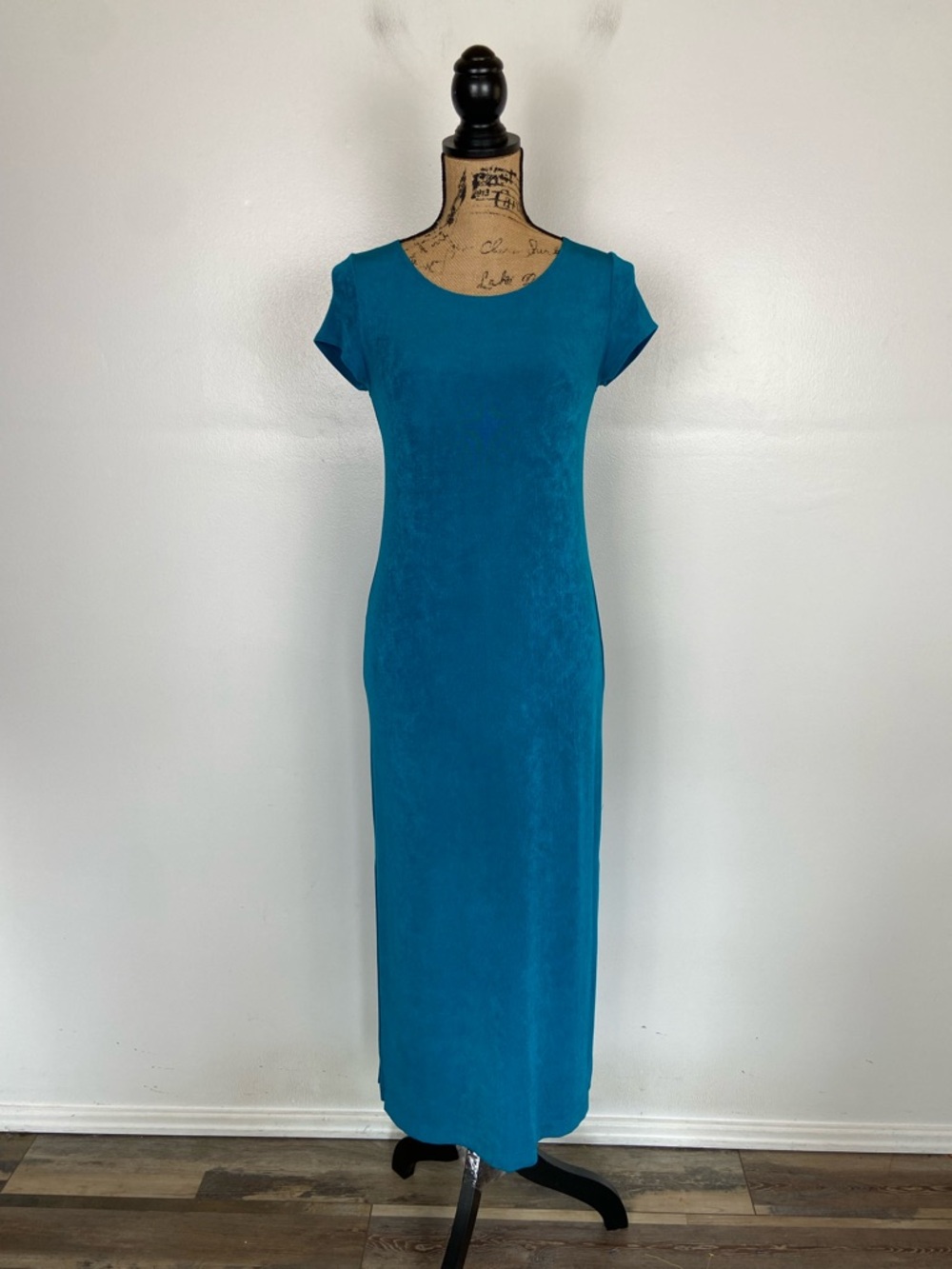 Chico's Traveler Maxi Dress Size 00P Petite Blue Side Slit Short Sleeves Slinky